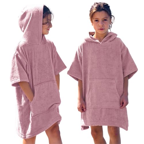 CalmyBEACH Frottee Badeponcho Kinder Mädchen - Jungen Surf Poncho 100% Baumwolle Strandponcho Handtuch mit Kapuze Umziehhilfe Surfponcho Bademantel (Alter, 10-13, Altrose) von CalmyBEACH