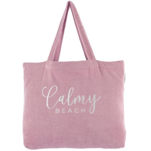 CalmyBEACH Frottee Strandtasche XXL Badetasche - 100% Baumwolle Shopper Strand Tasche groß für Damen und Herren mit Innenfach und langen Tragehenkeln (Altrose) von CalmyBEACH