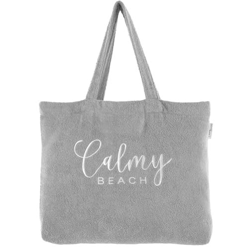 CalmyBEACH Frottee Strandtasche XXL Badetasche - 100% Baumwolle Shopper Strand Tasche groß für Damen und Herren mit Innenfach und langen Tragehenkeln (Grau) von CalmyBEACH