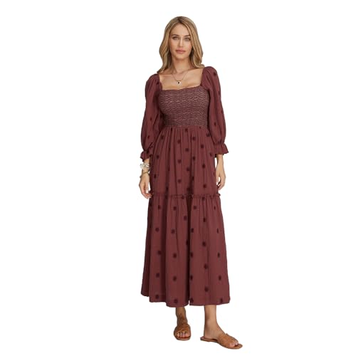 Damen-Maxikleid im Bohemian-Stil, schulterfrei, langärmelig, quadratischer Ausschnitt, Blumenmuster, Rüschen, A-Linie, Strandkleid, #48, Braun, L von Caloter