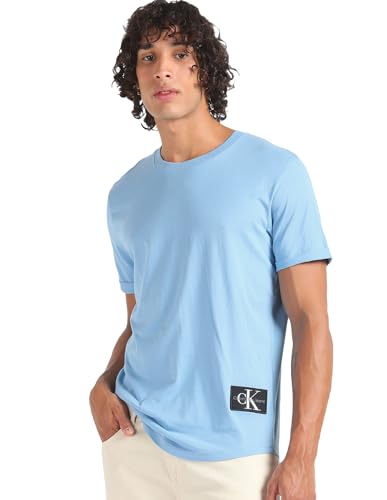 Calvin Klein Jeans Herren T-Shirt Kurzarm Badge Turn Up Sleeve Rundhalsausschnitt, Blau (Dusk Blue), XS von Calvin Klein Jeans