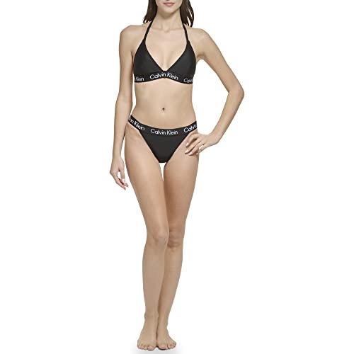 Calvin Klein Damen Triangel-BH-Oberteil, abnehmbare weiche Körbchen, mittelhohe Unterseite, 2-teiliges Set Bikini-Unterteile, Schwarz, L von Calvin Klein