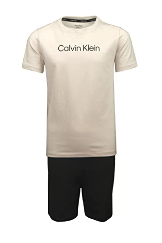 Calvin Klein Jungen Knit PJ Set (SS + Short) Pyjamaset, Beachbeige/W/Pvhblack, 10 Jahre (2er Pack) von Calvin Klein