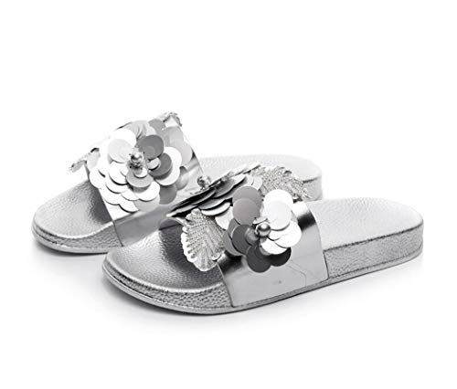 Canarea Damen Hausschuhe Sommer Mode Glitzer Strass Sandalen Frauen Mädchen flip Flops Strand Flach Pailletten Bling rutschfest Bequeme Slipper Casual Badeschuhe Pantoletten (Silber, Numeric_37) von Canarea