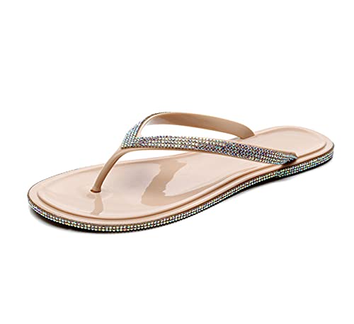 Canarea Damen Hausschuhe Sommer Mode Strass Glitzer Sandalen Badeschuhe Frauen Mädchen flip Flops Strand Flach rutschfest Bequeme Slipper Casual Pantoletten (Beige, Numeric_40) von Canarea