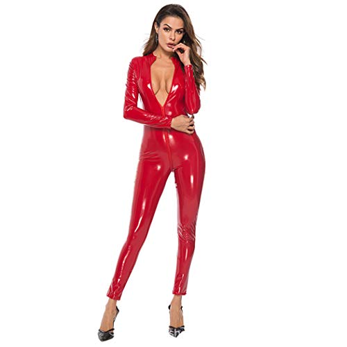 Canarea Damen Reizwäsche Sex Erotik Leder Reißverschluss Sexy Push up Ouvert Latex Dessous Set Frauen Bodysuit Baby Doll Lange Hose Kostüm ClubKleid Unterwäsche große größe-Rot (XL) von Canarea