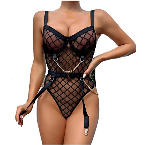 Canarea Reizwäsche Sex Erotik Damen Spitze Lace mit Strumpfbänder Perspektive Kostume Lingerie Sexy Push up Ouvert Rueckfrei Dessous-Set (Schwarz, L) von Canarea