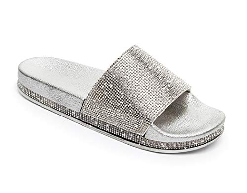 Damen Mädchen Hausschuhe Sommer Mode Sandalen Frauen flip Flops Strand Flach rutschfest Bequeme Glitzer Strass Slipper Casual Licht Pantoletten Badeschuhe (Silber, Numeric_41) von Canarea