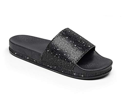 Damen Mädchen Hausschuhe Sommer Mode Sandalen Frauen flip Flops Strand Flach rutschfest Bequeme Glitzer Strass Slipper Casual Licht Pantoletten Badeschuhe (Schwarz, Numeric_37) von Canarea