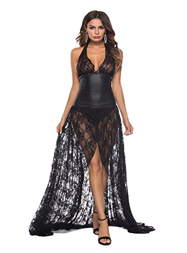 Reizwäsche Dessous Set erotik Damen Sexy en Spitze Transparent Push up Ouvert Latex Lange Kleid Babydoll Negligee Bondage Club Nachthemd,Schwarz,große größe (XL) von Canarea