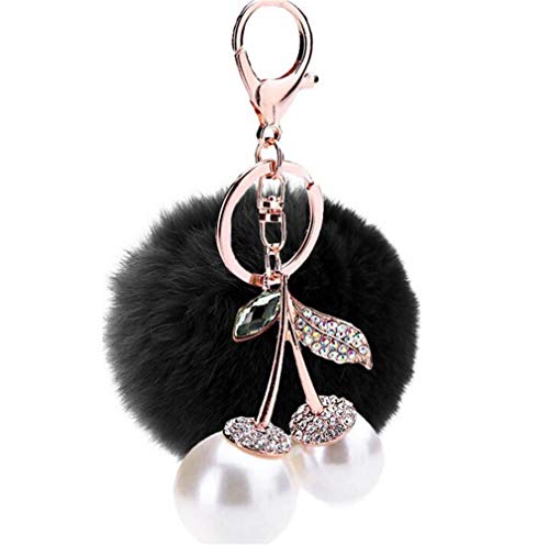 Schlüsselanhänger Pompons Plüsch Flauschige Taschenanhänger, Faux Kaninchen Pelz Plüschball mit Mini-Perlen Kirsche Strass Dekor Keychain Ring Kugel bommel für Handtasche Schlüssel (Schwarz) von Canarea