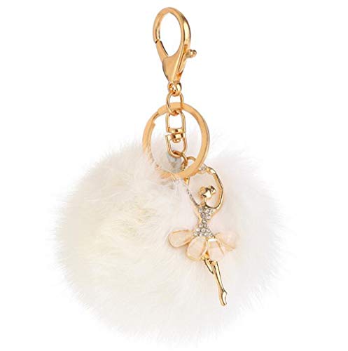 Schlüsselanhänger plüsch Ball glänzend Tänzerin Strass Taschenanhänger Elegant Autoschlüssel Plüsch-Kugel Anhänger Pompom Weich Schlüsselring Dekor bommel Keychain Handtaschenanhänger (Weiß) von Canarea