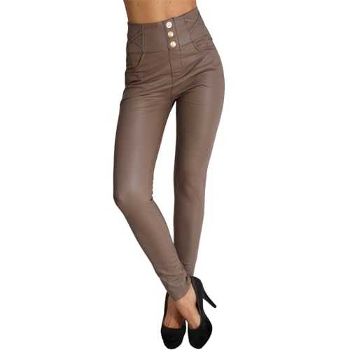 Candygirls Damen Leggings Hose Knöpfe Leder Imitat Wet Look Bänder High Waist Jeggings Optik Gold D95532 (DE/NL/SE/PL, Alphanumerisch, XS, S, Regular, Regular, Schlamm) von Candygirls