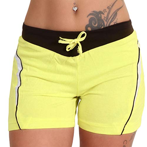 Candygirls Damen Leichte Sommer Shorts Bunte Farben Streifen Seitlich Hose Farbiger Bund Kurz NDK88 (Gelb, M) von Candygirls