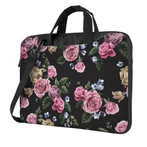 Dog Puppy Paw Multifunktionale Laptoptasche - Wasserdichte Arbeit Aktentasche Laptop Tasche - Ideal für Frauen und Männer, Schwarz Blackgound Rose, 13 inch von CarXs