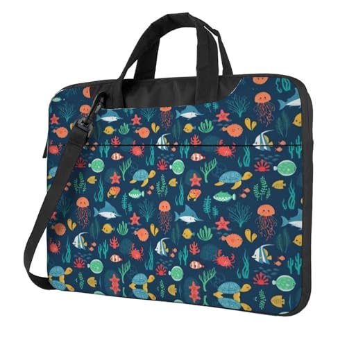 Seestern Küstenwolle Multifunktionale Laptoptasche - Wasserdichte Arbeit Aktentasche Laptop Tasche - Ideal für Frauen und Männer, Meeresfisch, Schildkröte, Qualle, 14 inch von CarXs