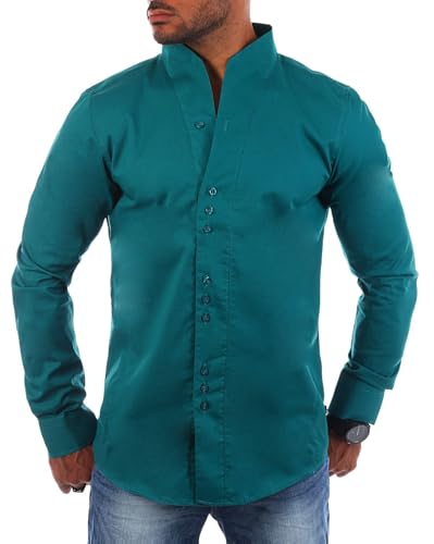 Carisma Herren Uni Langarm Stehkragen Hemd Slimfit tailliert figurbetont Party Club Look Optik Freizeit Casual einfarbig Basic, Grösse:4XL, Farbe:Grün-Petrol von Carisma