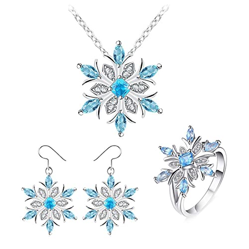 Sets Ohrringe Schneeflocke Set Halskette Ringe Halskette für Frauen Edelsteine Kristall Ohrringe Schmuck Sets Schmuck Gehämmert (Blue, 7) von Caritierily