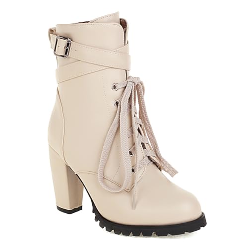 Carkuolary Damen Combat Stiefelette Runde Zehen Chunky Schnüren Side Zippers Block Heels Stiefeletten für Frauen Mädchen Damen Almond Große 44 von Carkuolary