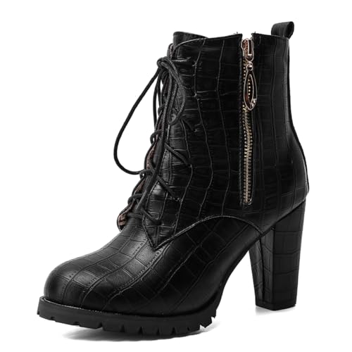 Carkuolary Damen Combat Stiefelette Runde Zehen Chunky Schnüren Side Zippers Block Heels Stiefeletten für Frauen Mädchen Damen Schwarz Große 34 von Carkuolary