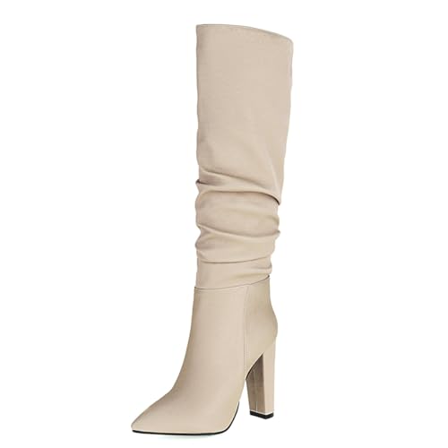 Carkuolary Damen Slouchy Sexy Pointed Toe Chunky High Heel Pleated Wide Mid Calf Stiefel Sparkly Hochzeit Party Mode & Klassischer Dress Schuhe für Frauen Mädchen Damen Beige Große 45 von Carkuolary