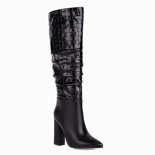 Carkuolary Damen Slouchy Sexy Pointed Toe Chunky High Heel Pleated Wide Mid Calf Stiefel Sparkly Hochzeit Party Mode & Klassischer Dress Schuhe für Frauen Mädchen Damen Schwarz Große 38 von Carkuolary