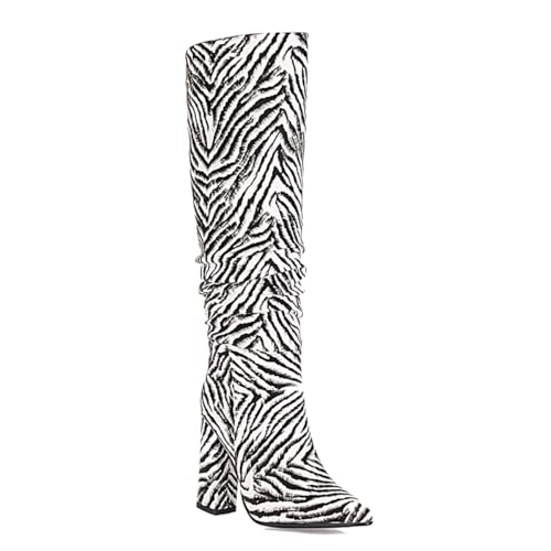 Carkuolary Damen Slouchy Sexy Pointed Toe Chunky High Heel Pleated Wide Mid Calf Stiefel Sparkly Hochzeit Party Mode & Klassischer Dress Schuhe für Frauen Mädchen Damen Zebra Große 38 von Carkuolary