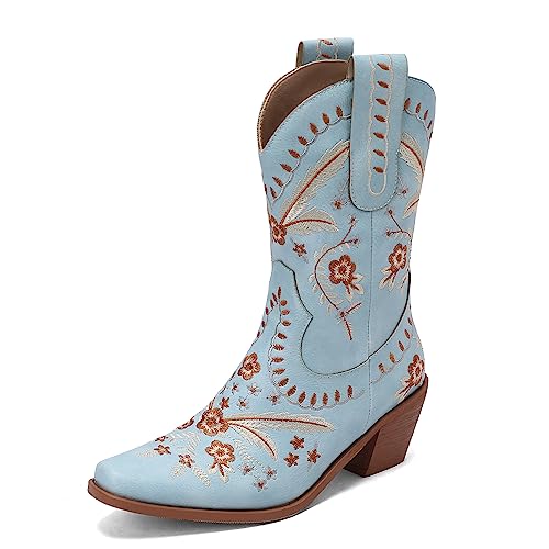 Carkuolary Damen Western Cowboy Arbeit Stiefel with Embroidered Mode Retro Klassischer Tall Boot für Frauen Mädchen Damen Blau Große 38 von Carkuolary