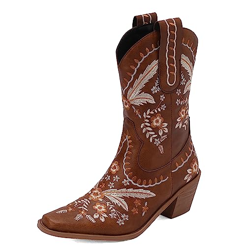 Carkuolary Damen Western Cowboy Arbeit Stiefel with Embroidered Mode Retro Klassischer Tall Boot für Frauen Mädchen Damen Braun Große 33 von Carkuolary