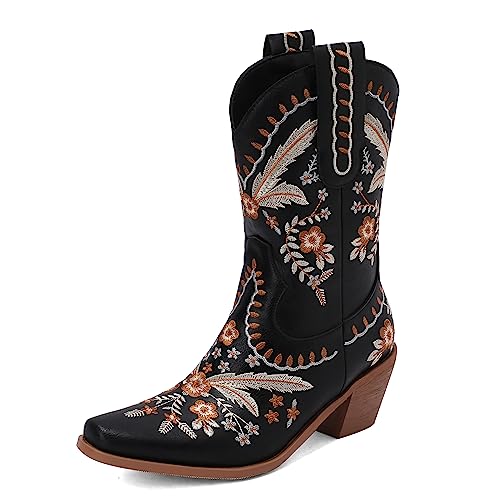 Carkuolary Damen Western Cowboy Arbeit Stiefel with Embroidered Mode Retro Klassischer Tall Boot für Frauen Mädchen Damen Schwarz Große 36 von Carkuolary