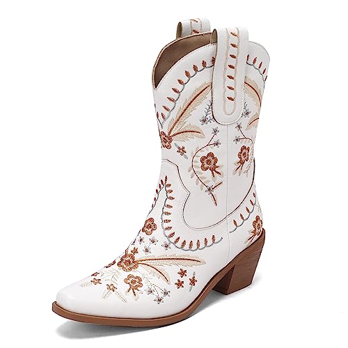 Carkuolary Damen Western Cowboy Arbeit Stiefel with Embroidered Mode Retro Klassischer Tall Boot für Frauen Mädchen Damen Weiß Große 35 von Carkuolary