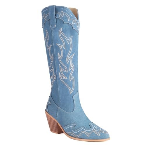 Carkuolary Damen Western Cowboystiefel with Embroidered Mode Retro Klassischer Tall Boot Pull On für Frauen Mädchen Damen Blau Große 35 von Carkuolary