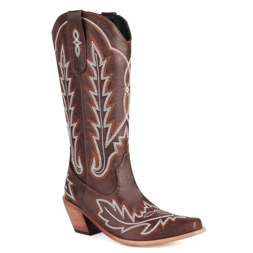 Carkuolary Damen Western Cowboystiefel with Embroidered Mode Retro Klassischer Tall Boot Pull On für Frauen Mädchen Damen Braun Große 37 von Carkuolary