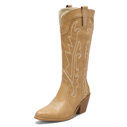 Carkuolary Damen Western Cowboystiefel with Embroidered Mode Retro Klassischer Tall Boot Pull On für Frauen Mädchen Damen Gelb Große 39 von Carkuolary