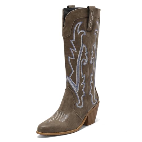 Carkuolary Damen Western Cowboystiefel with Embroidered Mode Retro Klassischer Tall Boot Pull On für Frauen Mädchen Damen Khaki Große 39 von Carkuolary