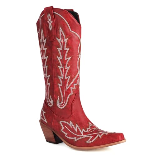 Carkuolary Damen Western Cowboystiefel with Embroidered Mode Retro Klassischer Tall Boot Pull On für Frauen Mädchen Damen Rot Große 38 von Carkuolary