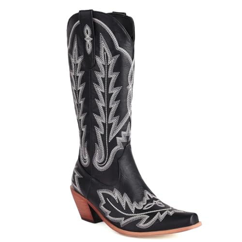 Carkuolary Damen Western Cowboystiefel with Embroidered Mode Retro Klassischer Tall Boot Pull On für Frauen Mädchen Damen Schwarz Große 39 von Carkuolary