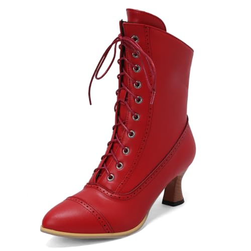 Carkuolary Womens Jahrgang Schnüren Calf Length Victorian Stiefel Leder Louis-XV Absatz Steampunk Gotisch Stiefel für Frauen Mädchen Damen Rot Große 35 von Carkuolary