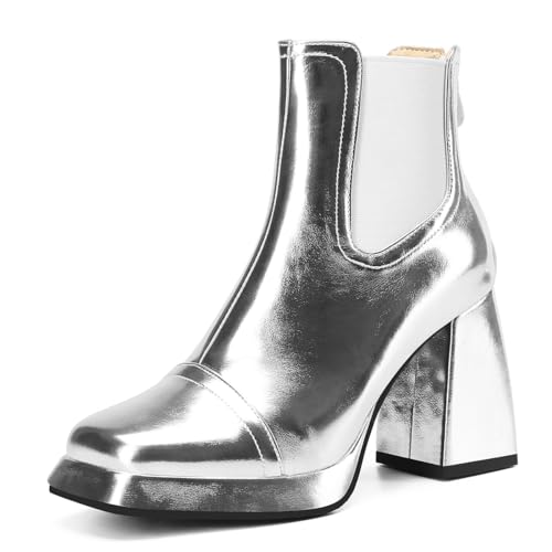 Carkuolary Womens Mode Side Zipper Silber Stiefeletten Chunky Heel Knöchel Stiefel Disco Costume Winter Schuhe für Frauen Mädchen Damen Große 37 von Carkuolary