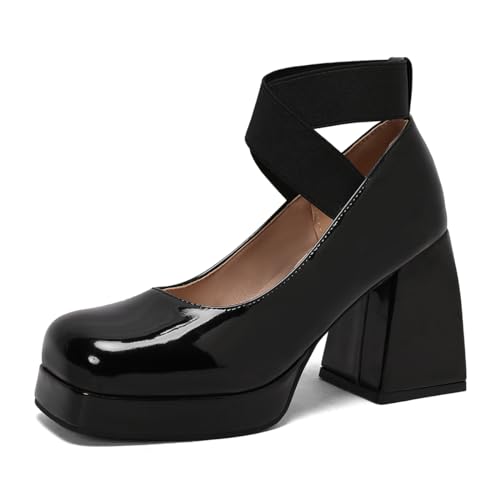 Damen Chunky Blockabsatz Square Runde Zehen Plattform Knöchelriemchen Pumps Dress Buro Schuhe für Frauen Mädchen Damen Schwarz Große 45 von Carkuolary