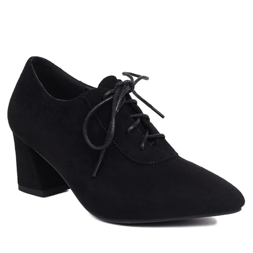 Damen Derbys Schnürsenkel Leder Dancing Schuhe Chunky Heel Ballroom Shoe British Style Oxfords Schuhe für Frauen Mädchen Damen Schwarz Wildleder Große 38.5 von Carkuolary