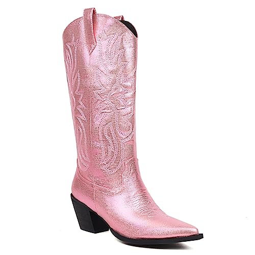 Damen Western Cowboystiefel Halblange Stiefel Wide Calf Cowgirl Metallisch Stiefel with Embroidered Mode Retro Klassischer Tall Boot für Frauen Mädchen Damen Rosa Große 34 von Carkuolary