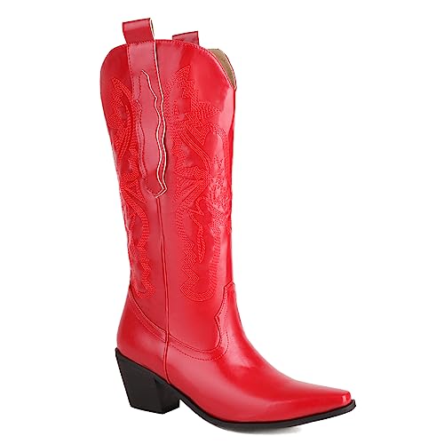 Damen Western Cowboystiefel Halblange Stiefel Wide Calf Cowgirl Metallisch Stiefel with Embroidered Mode Retro Klassischer Tall Boot für Frauen Mädchen Damen Rot Große 44 von Carkuolary