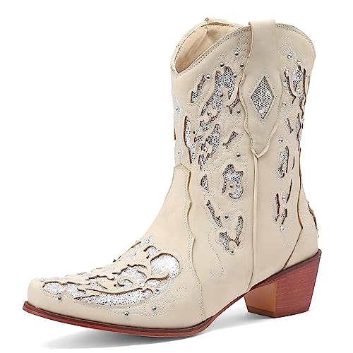 Damen Western Cowboystiefel Halblange Stiefel Wide Calf Cowgirl Stiefel with Embroidered Chunky Heel Pointed Toe Mode Retro Klassischer Pull On für Frauen Mädchen Damen von Carkuolary