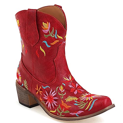 Damen Western Cowboystiefel Halblange Stiefel Wide Calf Cowgirl Stiefel with Embroidered Chunky Heel Pointed Toe Mode Retro Klassischer Pull On für Frauen Mädchen Damen von Carkuolary