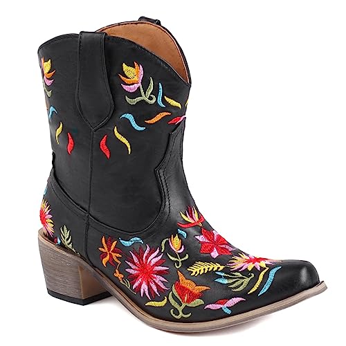 Damen Western Cowboystiefel Halblange Stiefel Wide Calf Cowgirl Stiefel with Embroidered Chunky Heel Pointed Toe Mode Retro Klassischer Pull On für Frauen Mädchen Damen von Carkuolary