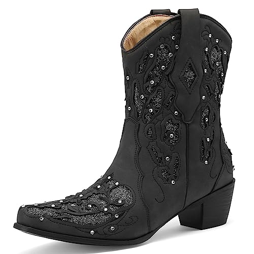 Damen Western Cowboystiefel Halblange Stiefel Wide Calf Cowgirl Stiefel with Embroidered Chunky Heel Pointed Toe Mode Retro Klassischer Pull On für Frauen Mädchen Damen von Carkuolary