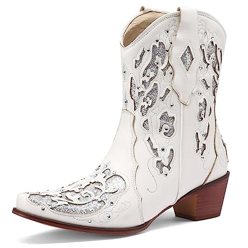 Damen Western Cowboystiefel Halblange Stiefel Wide Calf Cowgirl Stiefel with Embroidered Chunky Heel Pointed Toe Mode Retro Klassischer Pull On für Frauen Mädchen Damen von Carkuolary