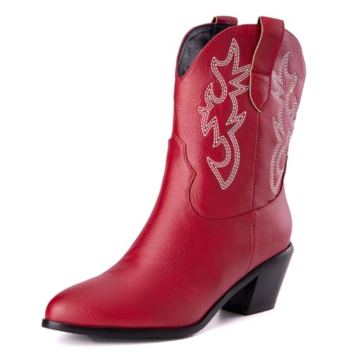 Damen Western Cowboystiefel with Embroidered Mode Retro Klassischer Basic Mid Calf Wide Calf Cowgirl Stiefel für Frauen Mädchen Damen Big Rot Große 41 von Carkuolary