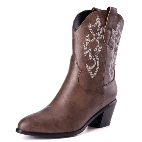 Damen Western Cowboystiefel with Embroidered Mode Retro Klassischer Basic Mid Calf Wide Calf Cowgirl Stiefel für Frauen Mädchen Damen Dark Braun Große 42 von Carkuolary